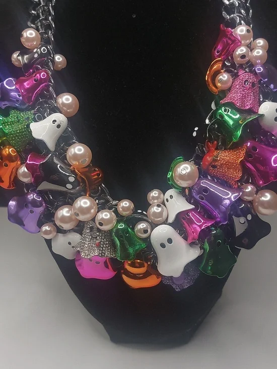 Betsey Johnson Halloween Colorful Ghosts Chunky Bib Statement Necklace - Picture 15 of 16